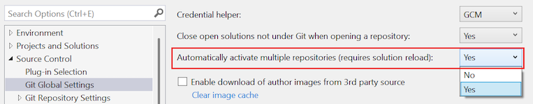 Seçenekler iletişim kutusundaki 'Birden çok depoyu otomatik olarak etkinleştir' seçeneğinin ekran görüntüsü.
