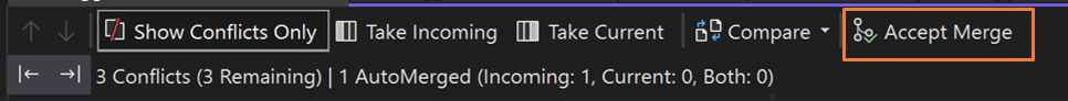 Visual Studio 2022'de Birleştirmeyi Kabul Et eyleminin ekran görüntüsü.