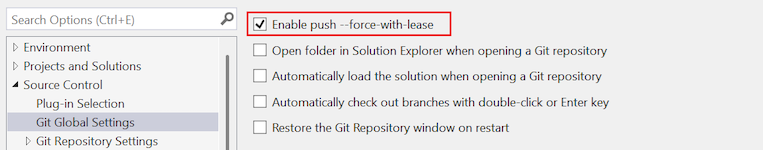 'Push --force-with-lease'i etkinleştir seçeneğinin, Seçenekler iletişim kutusundaki ekran görüntüsü.