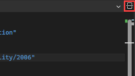 Visual Studio'da XAML kod düzenleyicisinin orta bölmesini, bölmenin sağ üst kısmında Böl düğmesi vurgulanmış şekilde gösteren ekran görüntüsü.