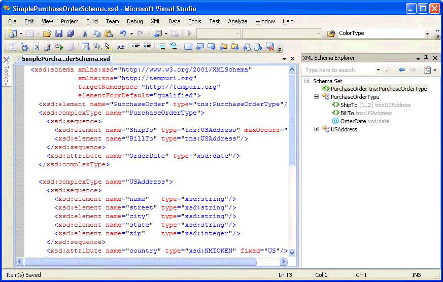 XML Düzenleyicisi bölmesinde xml düğümünü ve XML Şema Gezgini bölmesinde şema kümesinin ağaç görünümünü gösteren Visual Studio projesinin ekran görüntüsü.