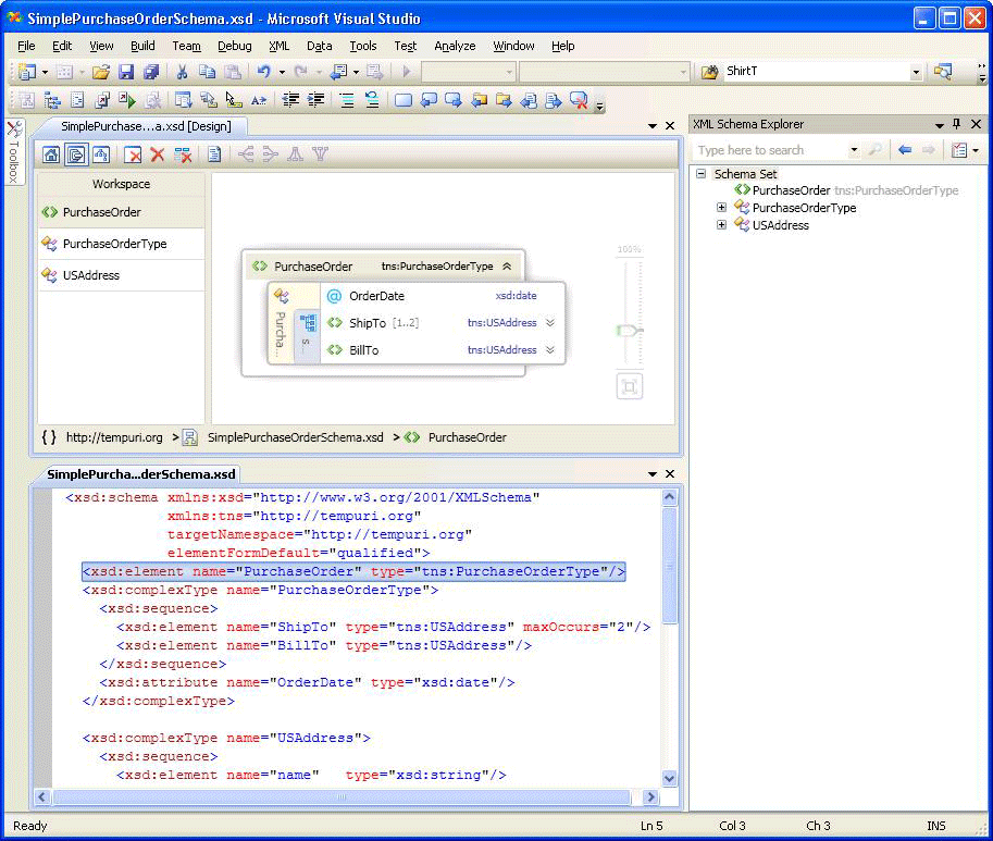 Görünüm Tasarımcısı bölmesini, XML Düzenleyicisi bölmesini ve XML Şema Gezgini bölmesini gösteren Visual Studio projesinin ekran görüntüsü.