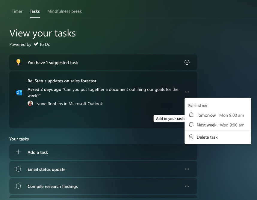 Screenshot that shows Tasks options.