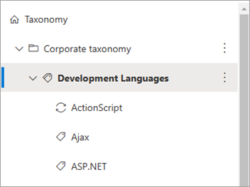 Screenshot showing a term set on the Term store page in the SharePoint admin center for viewing the status of a multiple terms.