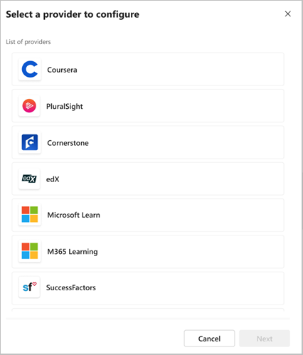 Learning panel in the Microsoft 365 admin center showing content sources options.
