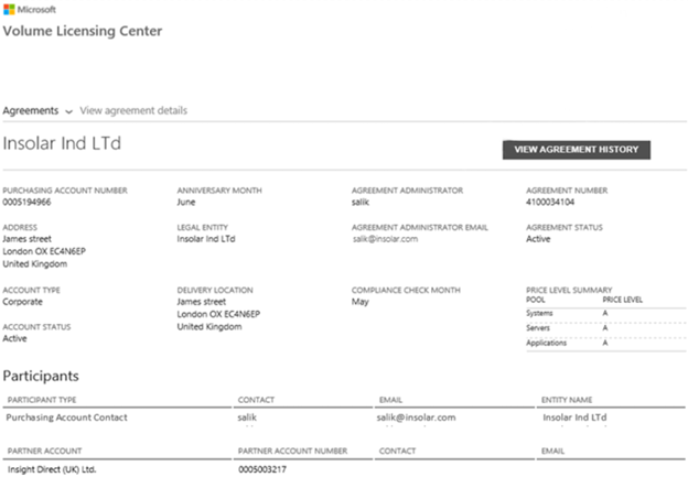 Bu görüntüde insolar ind Ltd için Microsoft Toplu Lisanslama Merkezi Sözleşmesi özeti gösterilmektedir.