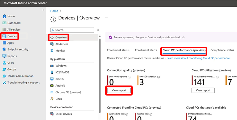 Cloud PC bağlantı kalitesi raporuna erişme işleminin ekran görüntüsü