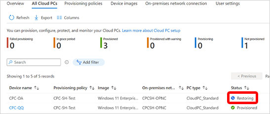 Cloud PC geri yükleme durumunun ekran görüntüsü