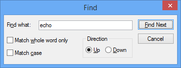Screenshot of Find dialog box in WinDbg searching for the term 'echo'.
