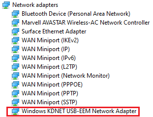 Windows KDNET USB-EEM ağ bağdaştırıcısı girişiyle ağ düğümünü görüntüleyen Cihaz Yöneticisi'nin ekran görüntüsü.
