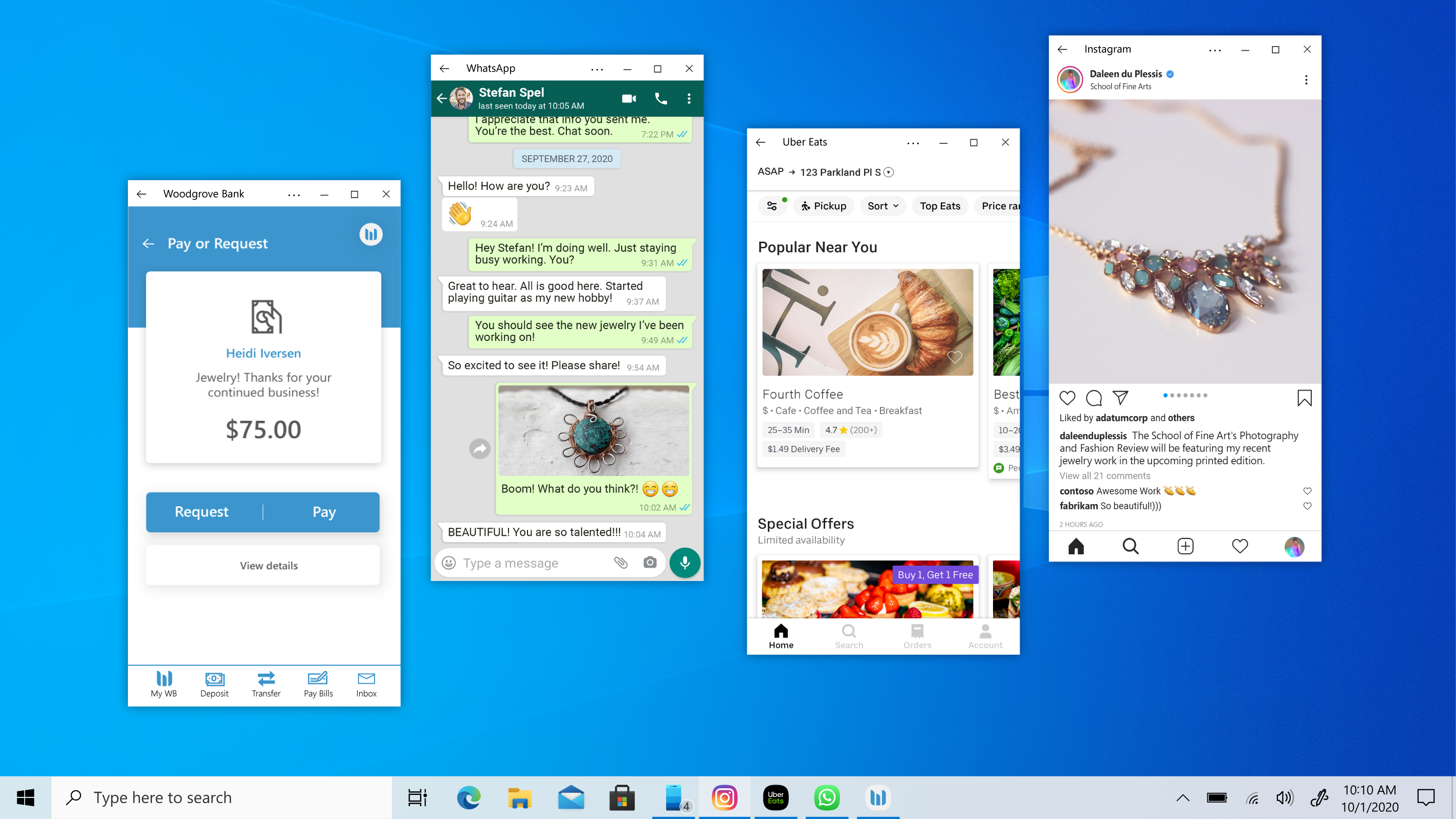 Screen showing phone apps opened side by side as separate apps on a Windows10 PC.
