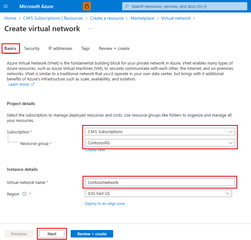 Screenshot showing the basics tab for the Create virtual network page.