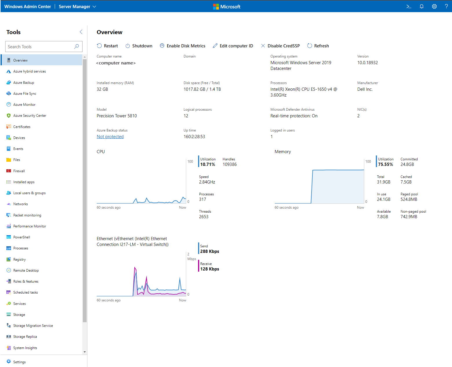 Sunucu bağlantıları için Windows Yönetim Merkezi genel bakış sayfasını gösteren ekran görüntüsü.