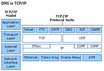TCP/IP modeli içinde DNS'yi gösteren ve DNS'nin TCP/IP'nin farklı katmanlarına ve protokollerine nasıl uyduğunu gösteren diyagram.