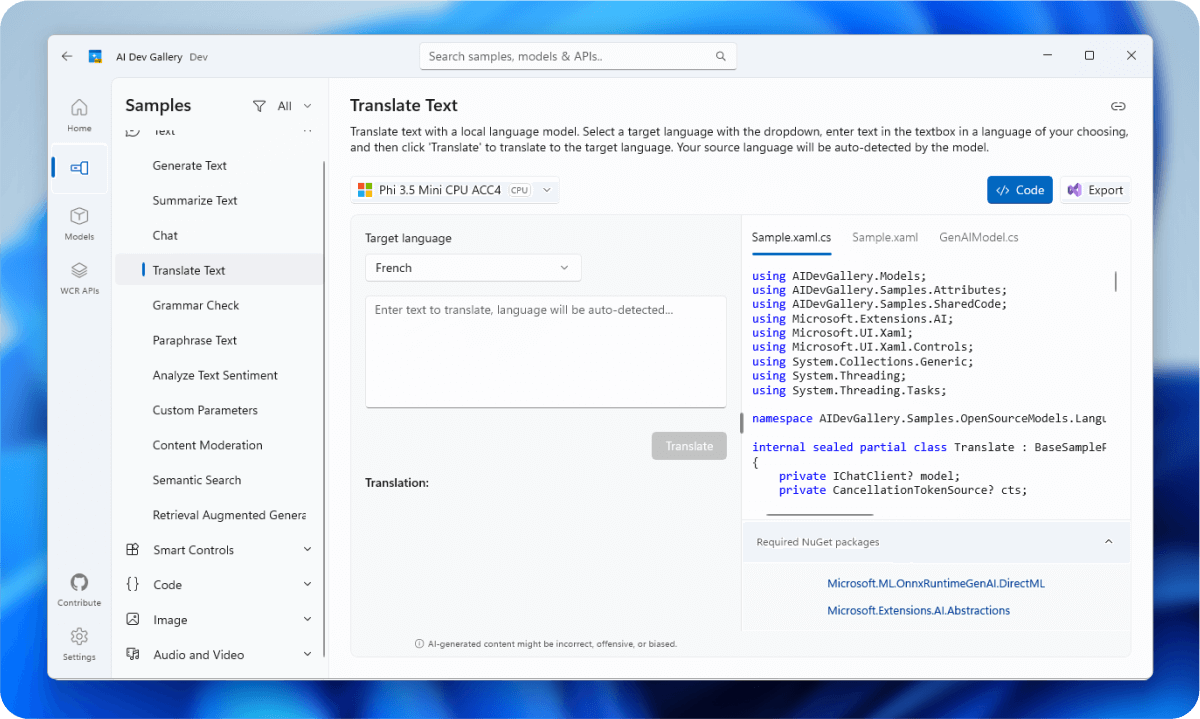 Metin Çevirisi örneğinin AI Dev Gallery kaynak kodunu görüntüleyen uygulamanın ekran görüntüsü