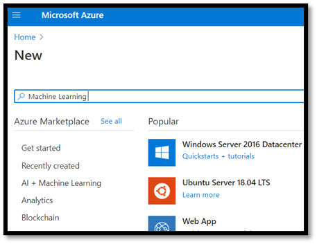 Azure kaynak listesinde Machine Learning'i arama