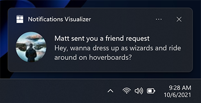Bildirim görsel alanının sol tarafındaki daireye kırpılan uygulama logosu geçersiz kılma resim yerleşimini gösteren bir uygulama bildiriminin ekran görüntüsü.