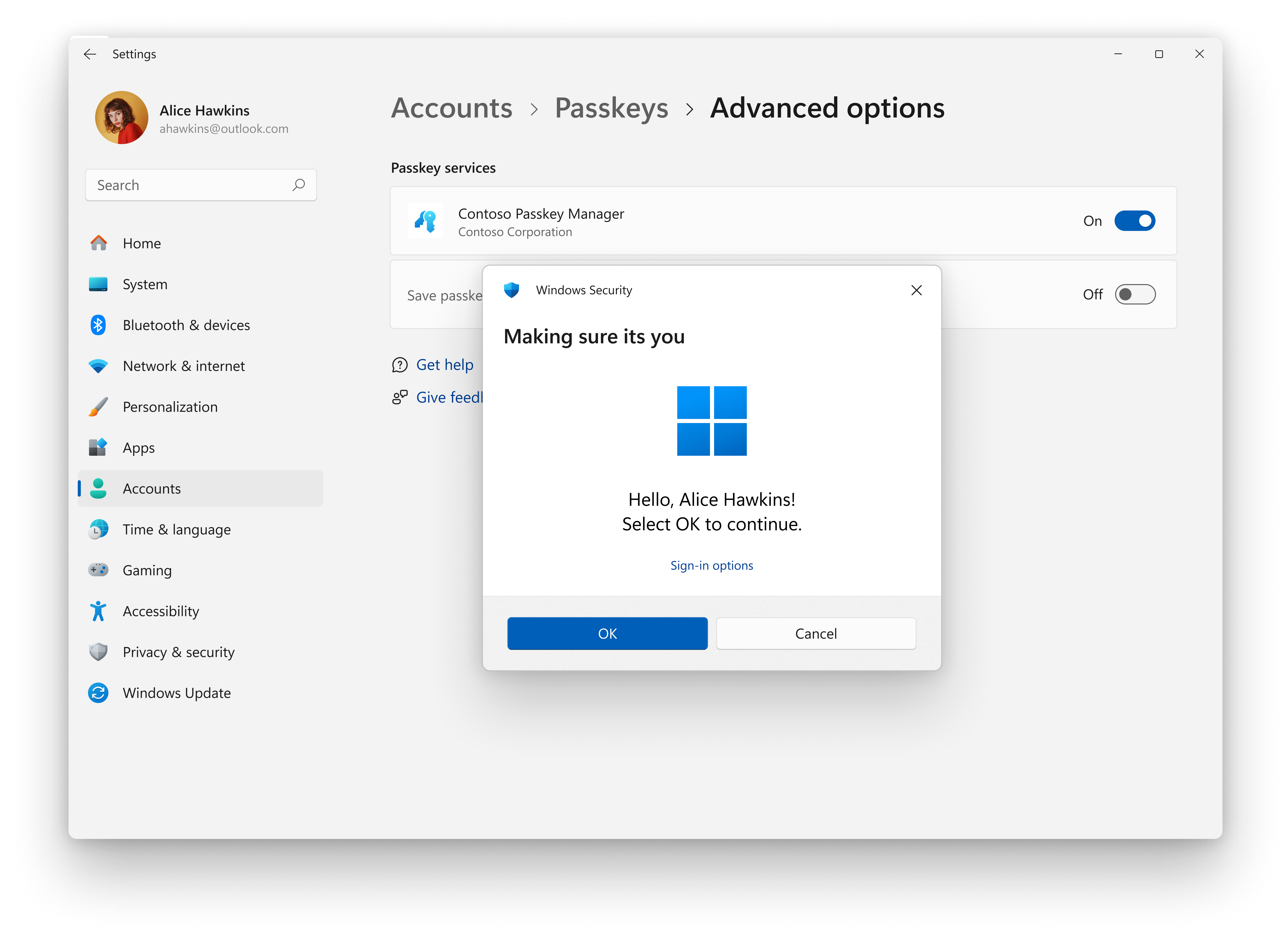 Contoso Passkey Yöneticisi Ayarlar'da etkinleştirildiğinde Windows Hello kullanıcı doğrulamasının başarıyla tamamlandığını gösteren ekran görüntüsü