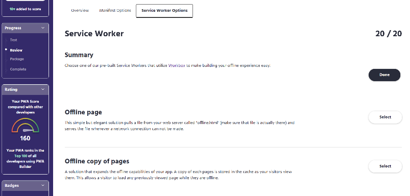 Some of the prebuilt service workers offered by PWA Builder