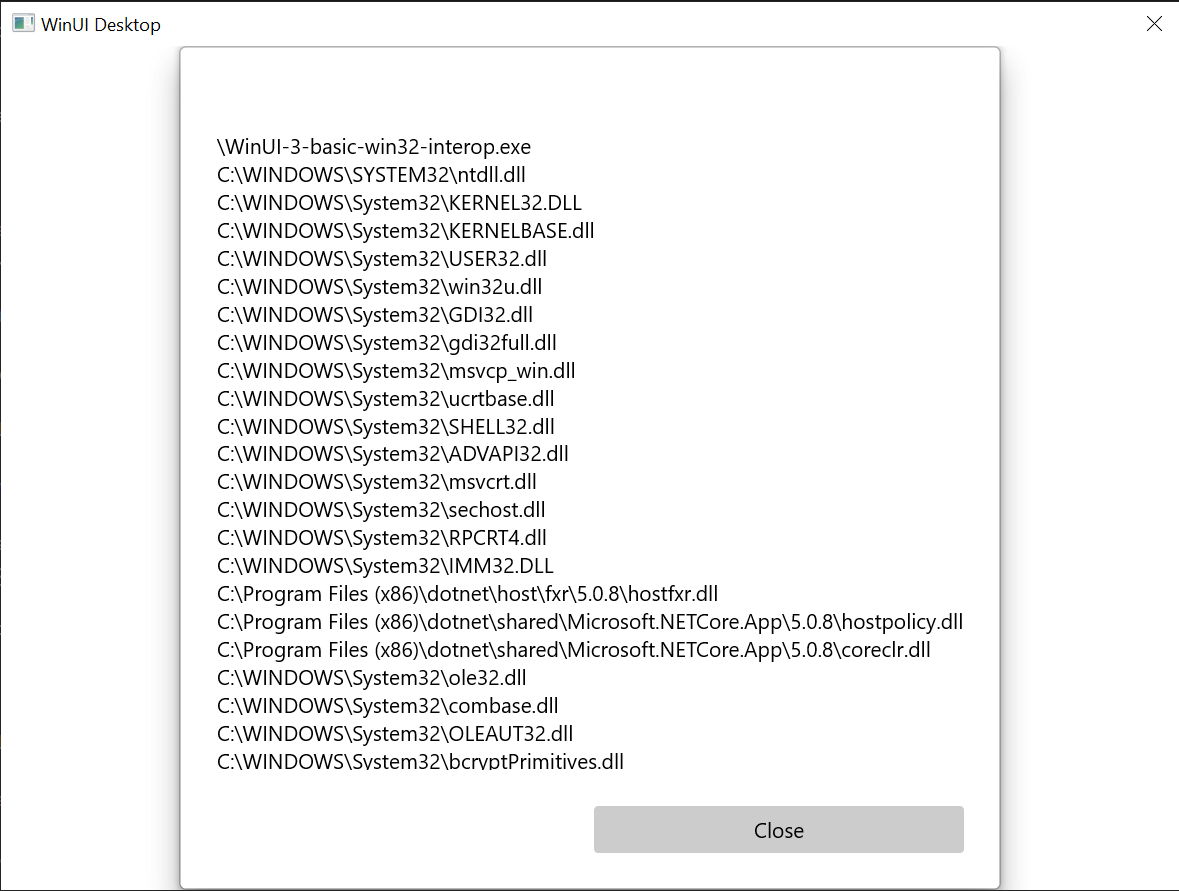 Bu konuda açıklanan temel Win32 birlikte çalışma uygulamasının ekran görüntüsü.
