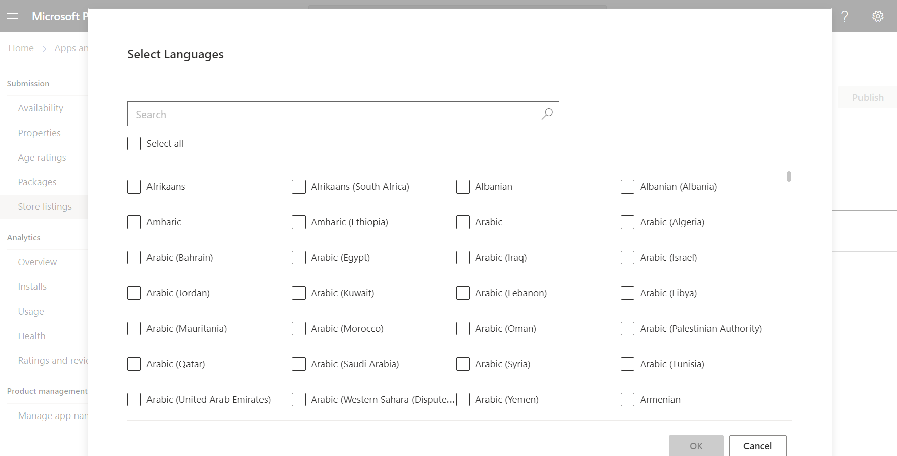 A screenshot of the Store listings section where you can add a language for listing your app in Microsoft Store.