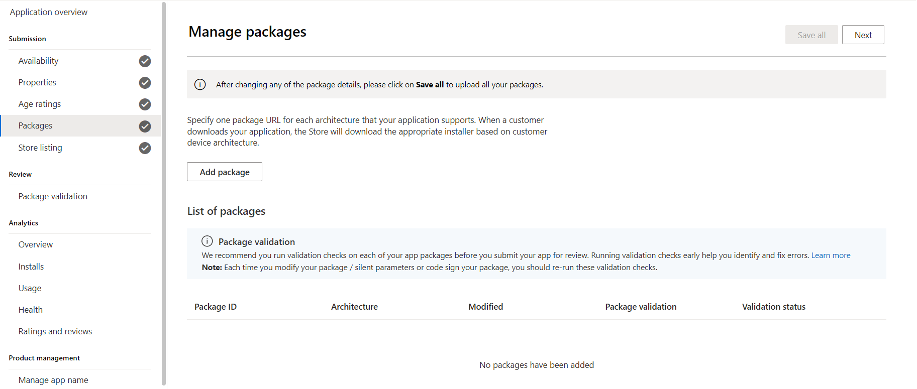 A screenshot of the overview of Packages section in Partner Center.