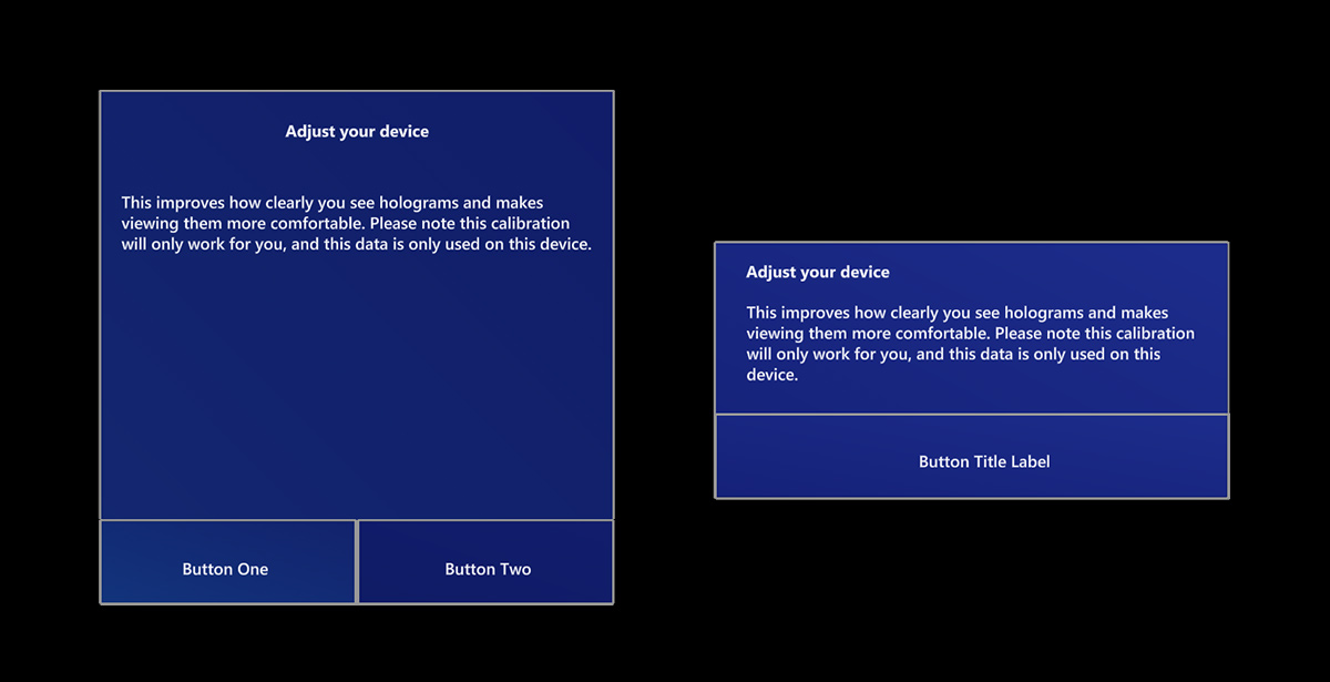 HoloLens'te çalışan farklı boyut iletişim kutusu katmanlarının ekran görüntüsü