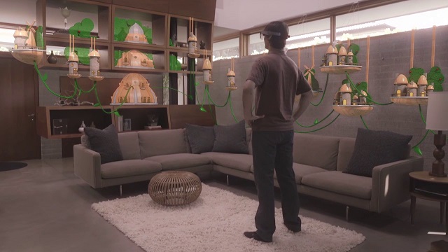 Oturma odasında holografik hayali dünya
