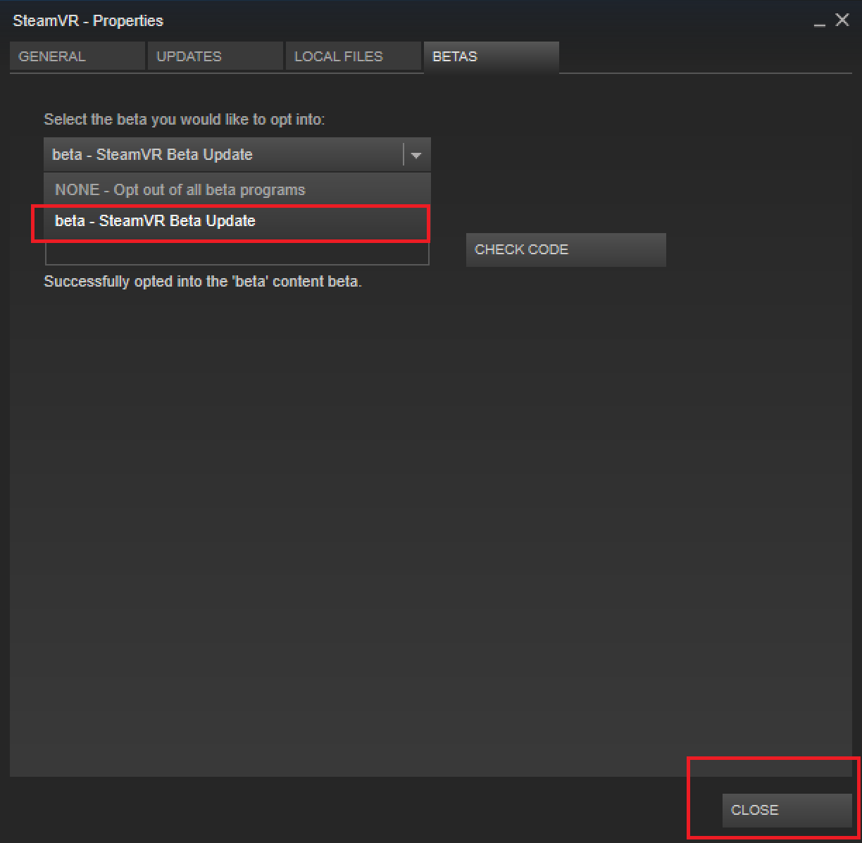 SteamVR özellikler iletişim kutusunda SteamVR beta sürümüne geçin