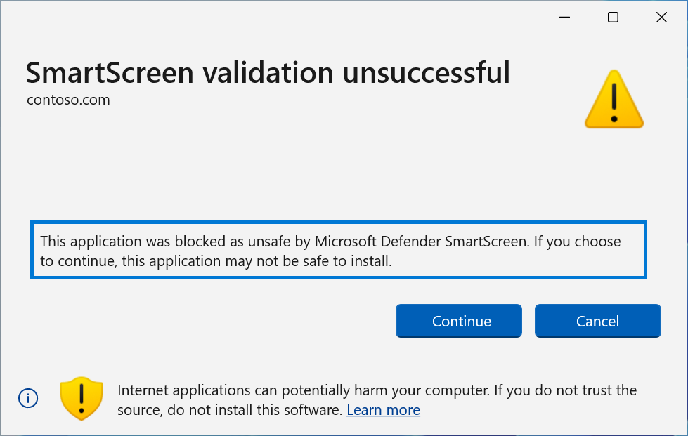 Microsoft SmartScreen saygınlık tabanlı URL doğrulama hatalarını gösteren ekran görüntüsü. İletişim kutusunun başlığı 