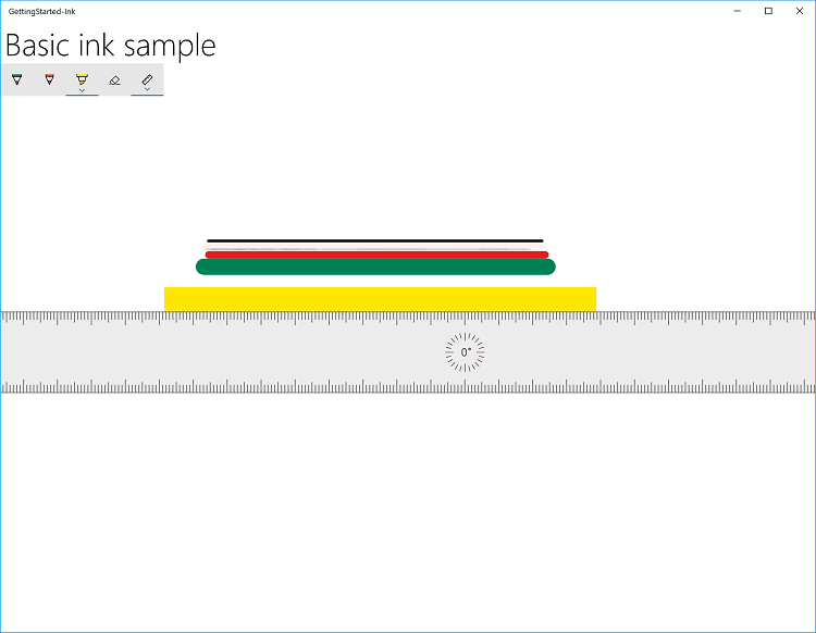 Bu konuda varsayılan InkToolbar ile vurgulanan Temel Mürekkep Örneği uygulamasının ekran görüntüsü.