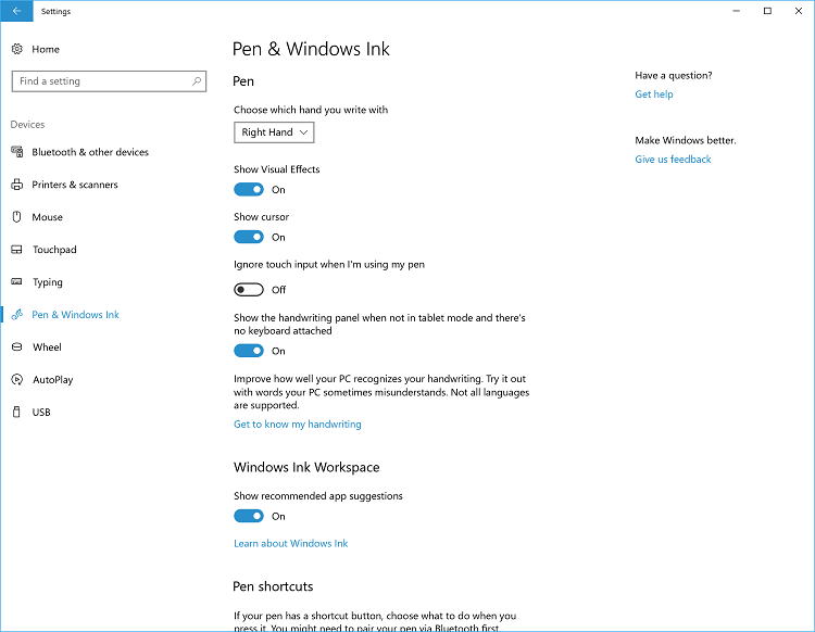 Kalem ve Windows Ink ayarları sayfasının ekran görüntüsü.