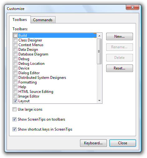 screen shot of customize dialog box and options