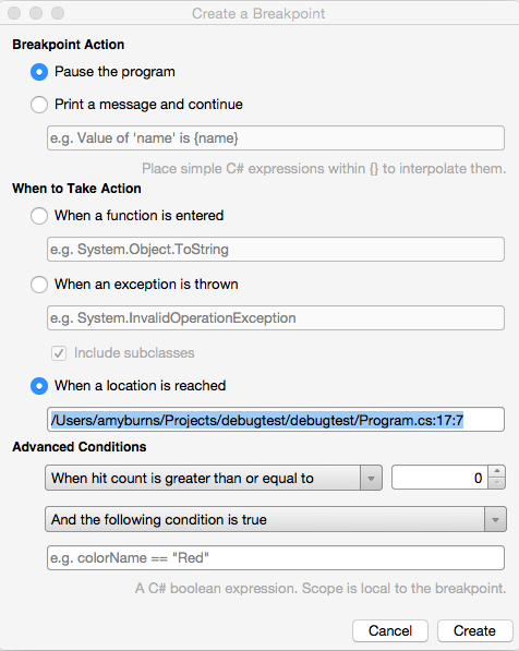 Enter the condition for the breakpoint to occur