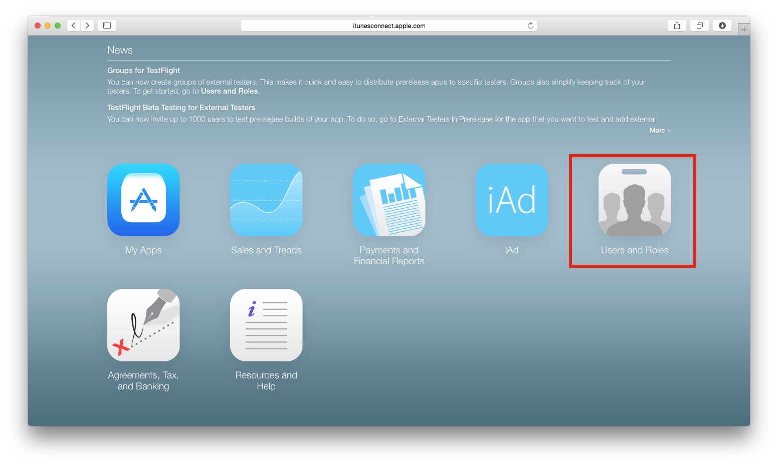 Users and Roles on the main iTunes Connect screen