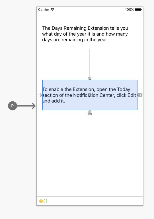TodayContainers Main.storyboard dosyasını düzenleyin ve Extensions işlevini ve nasıl yükleneceğini tanımlayan bazı metinler ekleyin