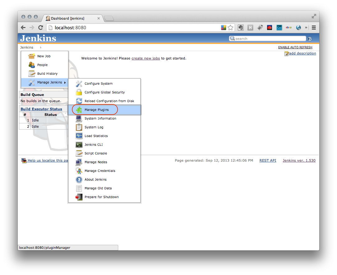 From this page, select Jenkins Manage Jenkins Manage Plugins from the menu in the upper left hand corner