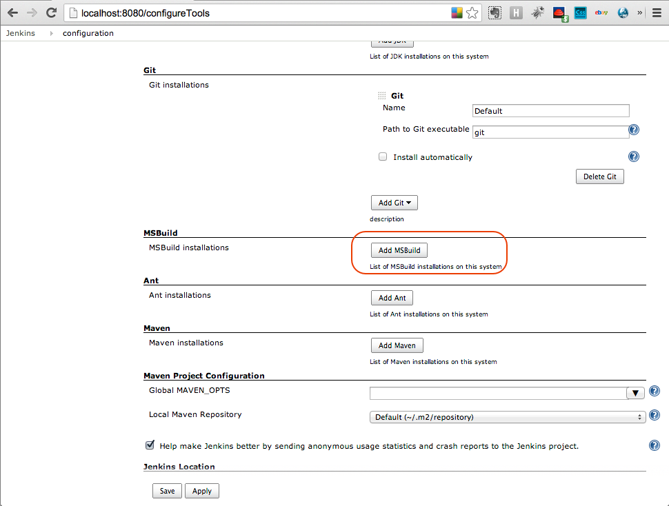 Scroll down the Configure System Jenkins page until the Add MSBuild button appears