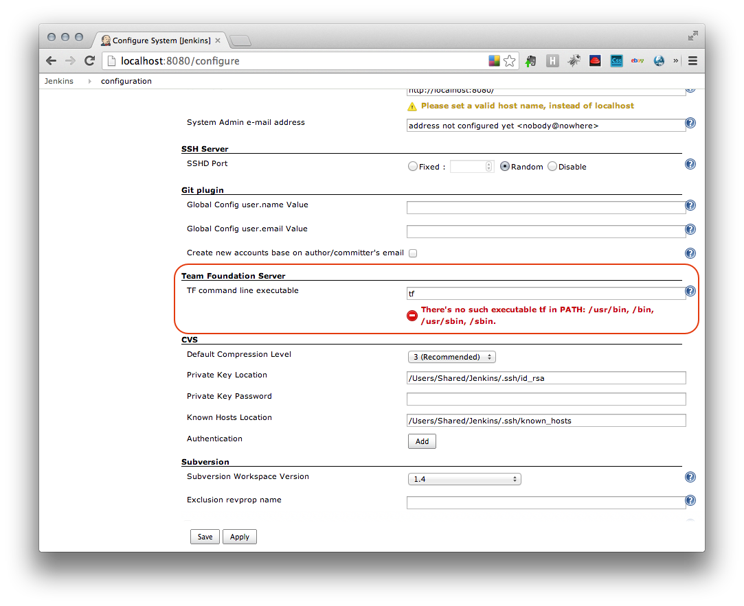Scroll down the Configure System Jenkins page until you find the Team Foundation Server section
