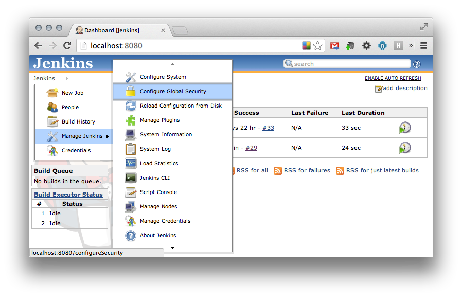 Security settings can be found by selecting Jenkins / Manage Jenkins / Configure Global Security