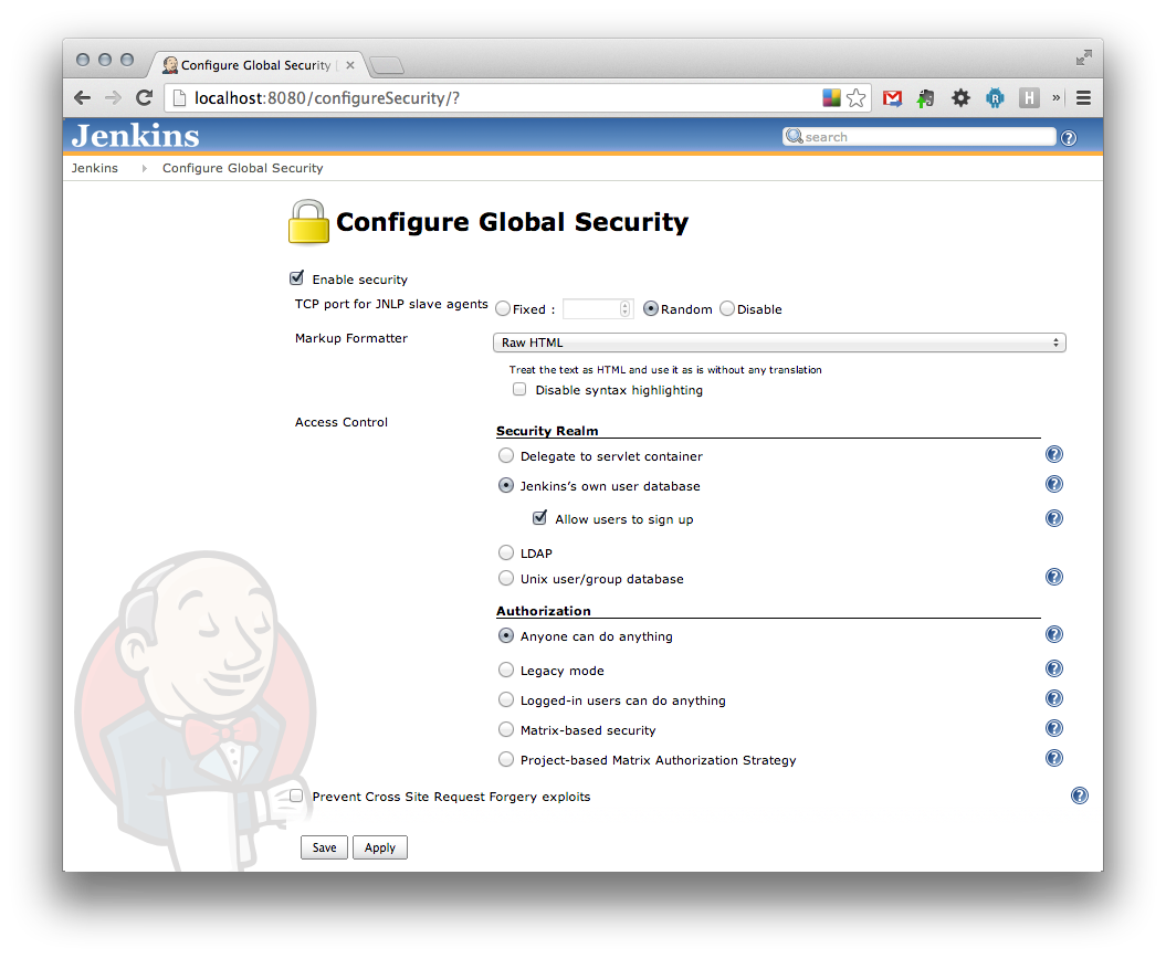 Toggle the radio button for Jenkins own user database in the Security Realm Section, and ensure that Allow users to sign up is also checked