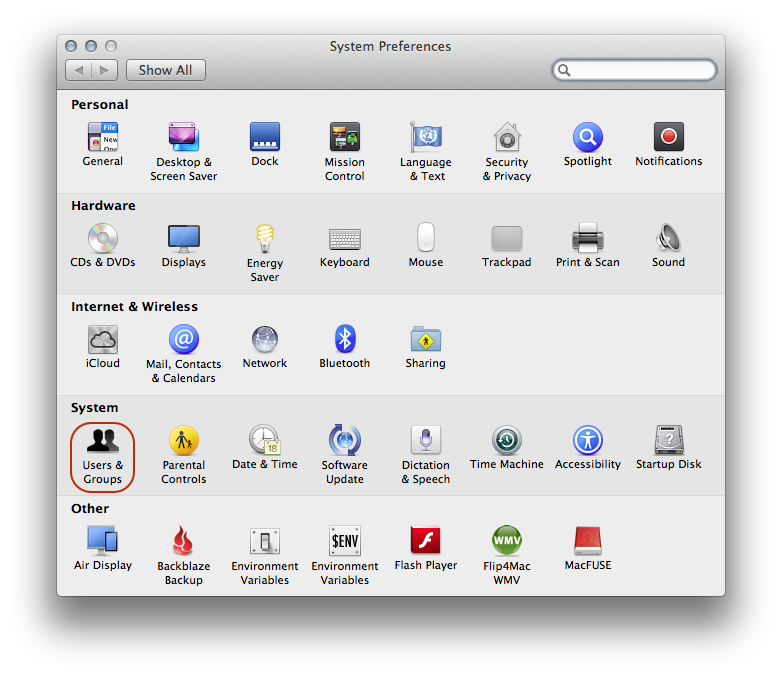 Open the System Preferences, and select the User Groups icon as shown in this screenshot