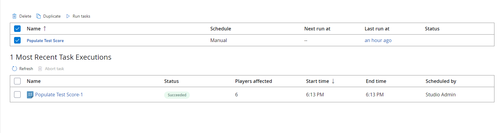 Game Manager - Tasks - Recent Task executions - Successful