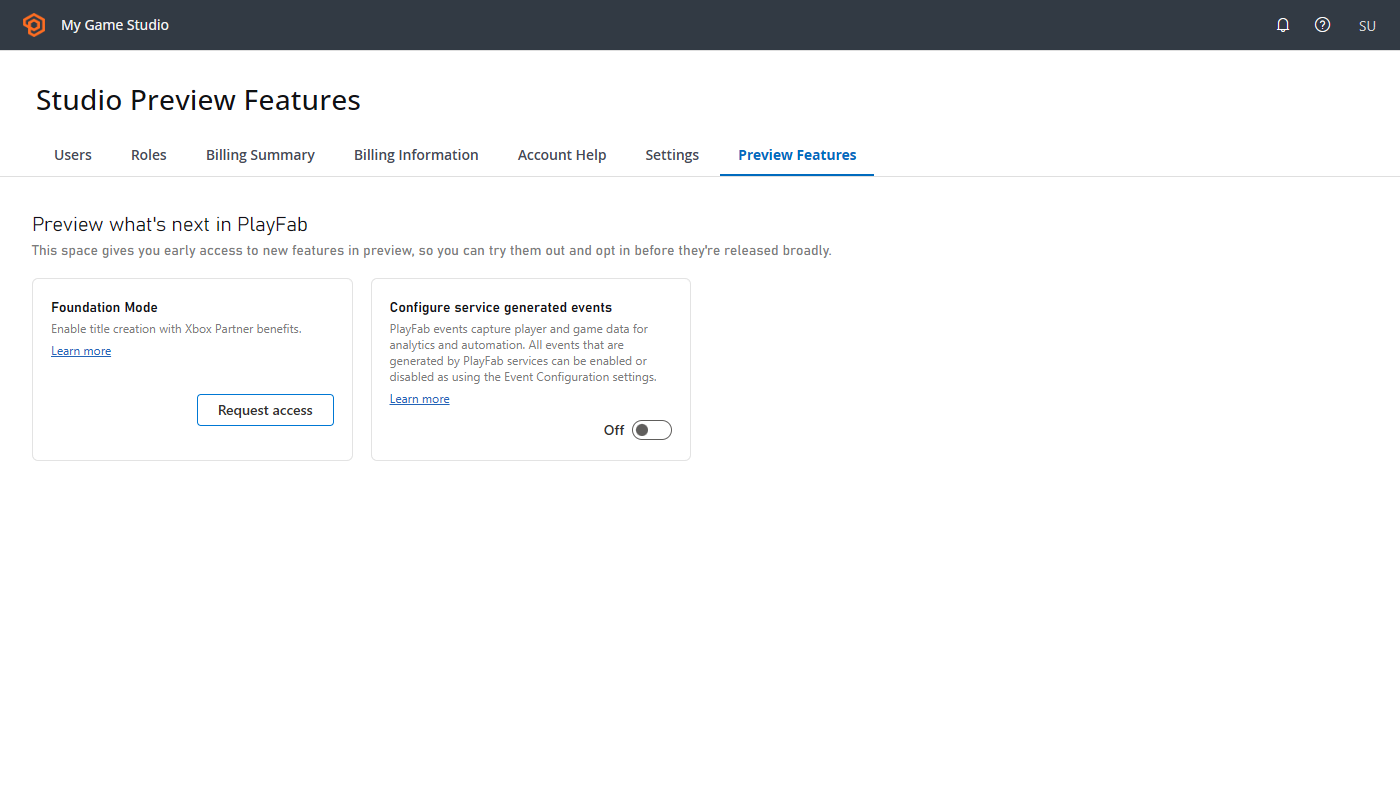 Screenshot of the Studio Settings page with the Preview Features tab selected, showing Foundation Mode.