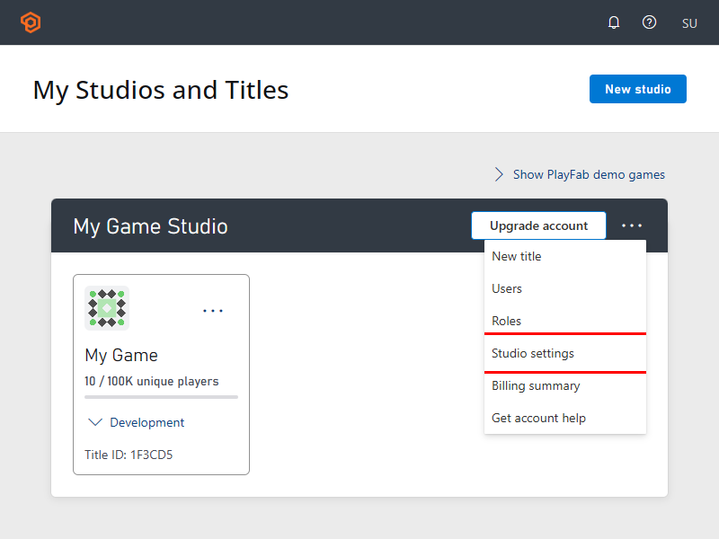 Screenshot of the Game Manager My Studios page showing the three-dots menu on a studio with the Studio settings option highlighted.