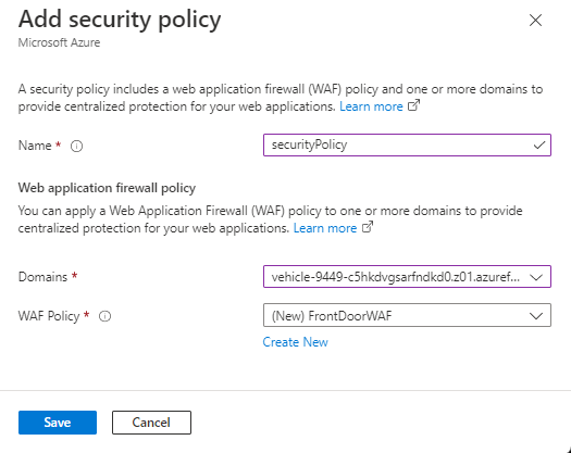 Screenshot of adding security policy containing WAF policy settings.