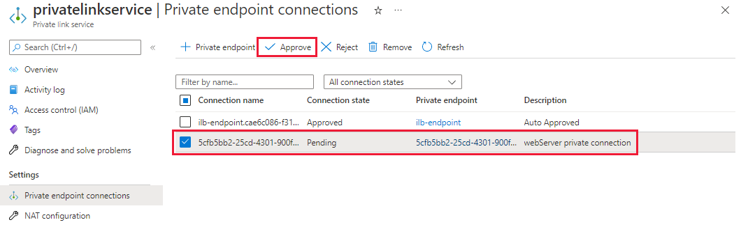 Screenshot of private endpoint connection approval list for web servers.