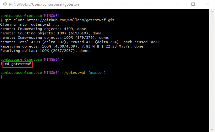 Screenshot of changing directory to gotestwaf folder with Git.
