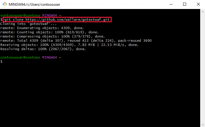 Screenshot of cloning the gotestwaf repository with Git.