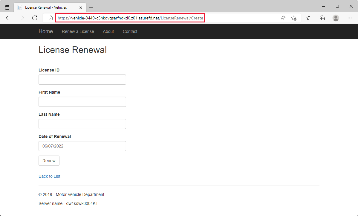 Screenshot of renew a license page.